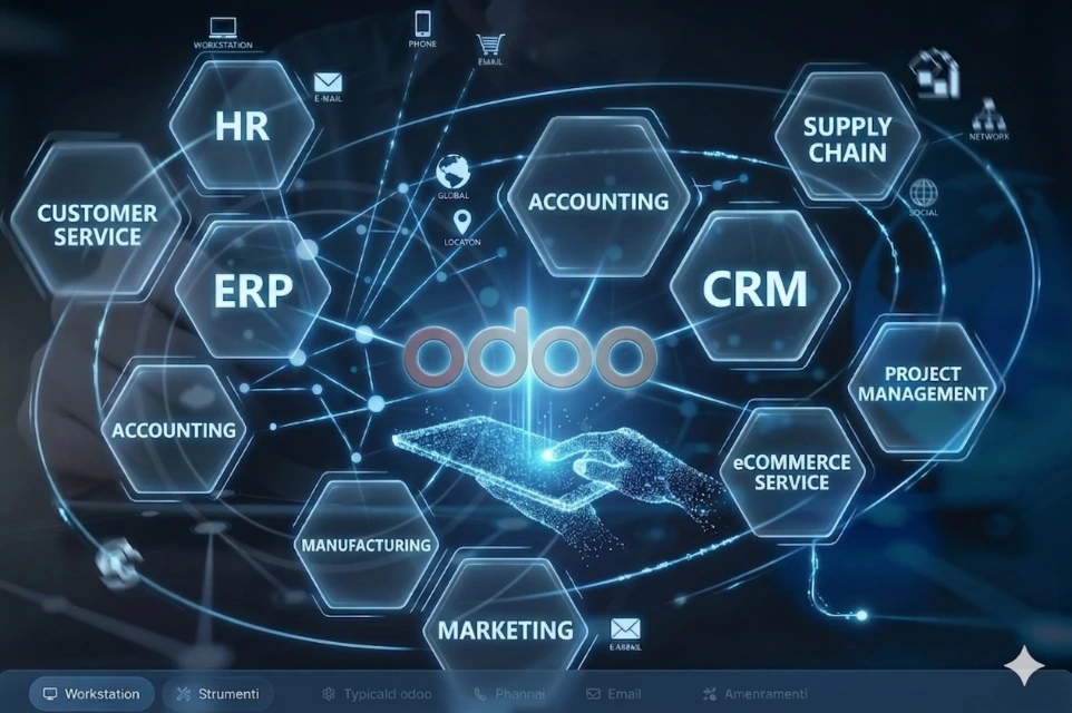 Interfaccia digitale Odoo ERP con moduli integrati per CRM, contabilità, produzione e marketing per la crescita delle PMI.