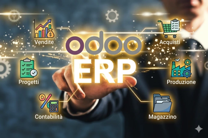 Gestione processi aziendali con Odoo ERP: moduli integrati per vendite, acquisti, produzione, magazzino, contabilità e progetti