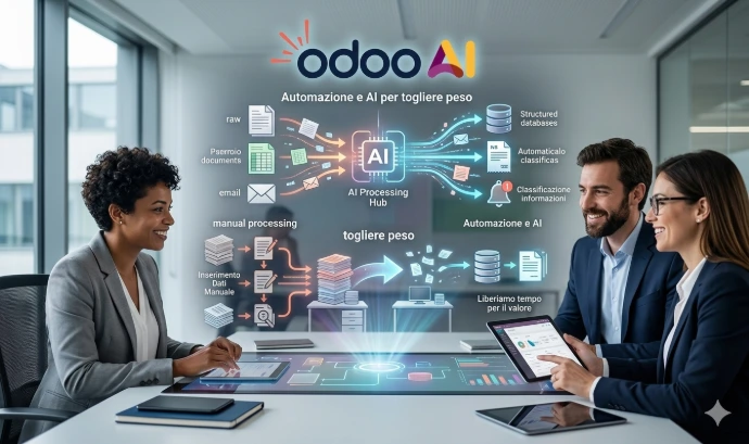 Schema di automazione Odoo AI che trasforma l'inserimento dati manuale in flussi digitali intelligenti per liberare tempo ai collaboratori
