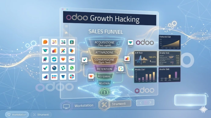 Dashboard Odoo Growth Hacking con sales funnel per acquisizione, conversione e analisi dati delle performance aziendali