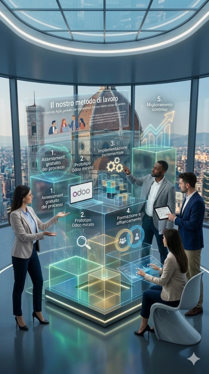 Infografica del metodo Agile Informatica Toscana per Odoo: assessment, prototipo, implementazione, formazione e miglioramento continuo.