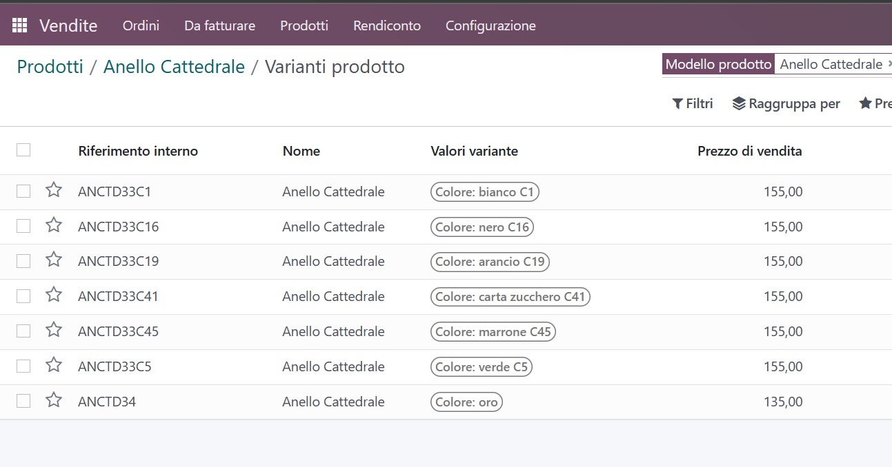 Interfaccia grafica della maschera di gestione delle varianti prodotto di Odoo con la lista degli attributi 'colore' e i relativi valori.